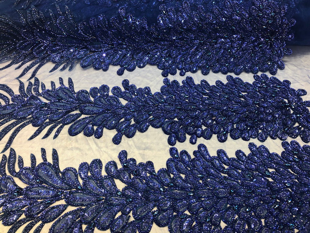 Peacock Feathers Royal Blue Beaded Peacock Feathers Embroider On Mesh Dress-Prom-Gown By 2 Feathers