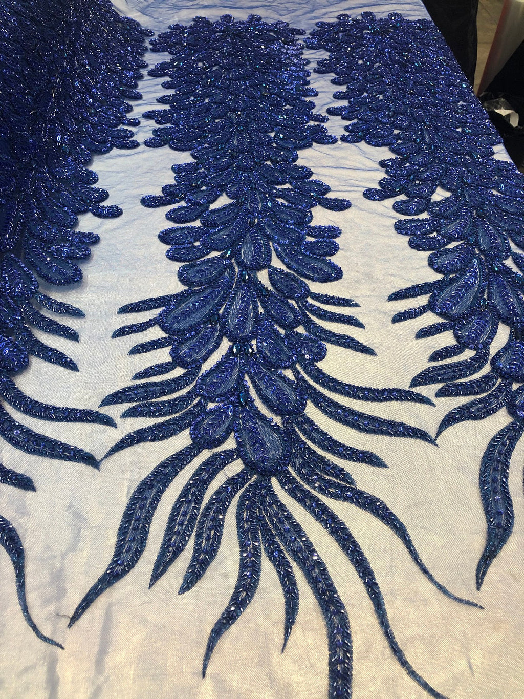 Peacock Feathers Royal Blue Beaded Peacock Feathers Embroider On Mesh Dress-Prom-Gown By 2 Feathers