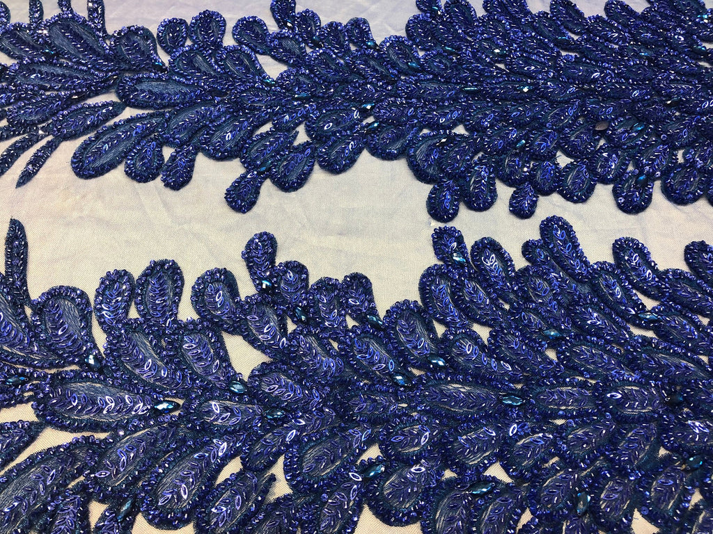 Peacock Feathers Royal Blue Beaded Peacock Feathers Embroider On Mesh Dress-Prom-Gown By 2 Feathers