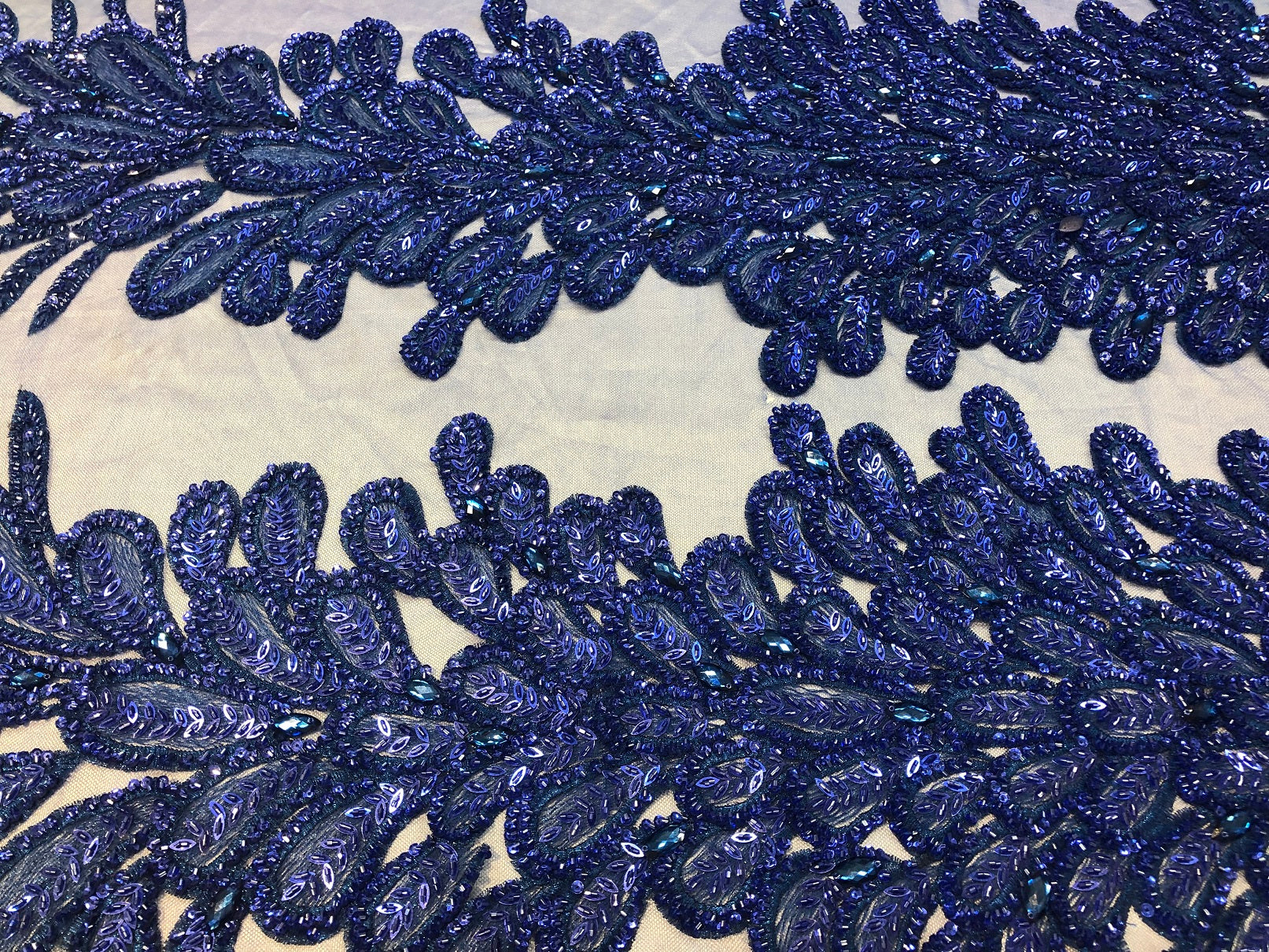 Peacock Feathers Royal Blue Beaded Peacock Feathers Embroider On Mesh Dress-Prom-Gown By 2 Feathers