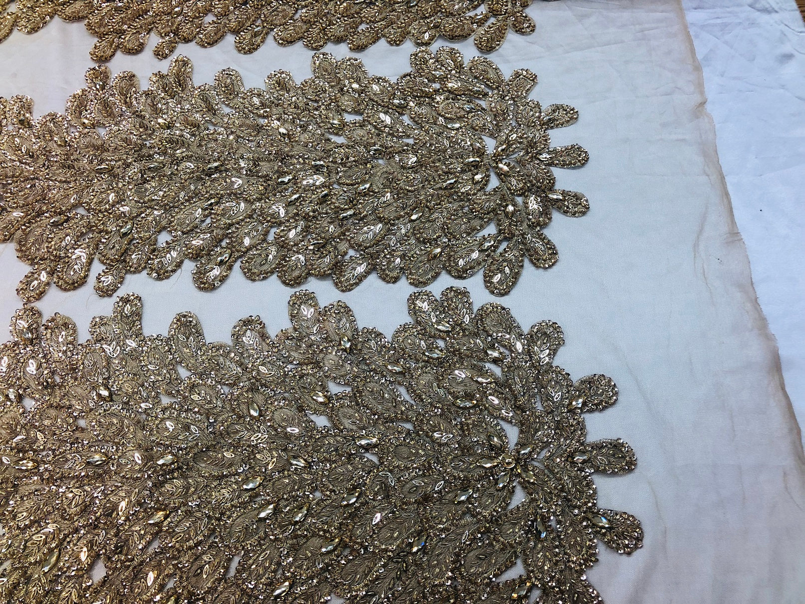 Peacock Feathers Gold Beaded Peacock Feathers Embroider On A Mesh Dress-Prom-Gown By 2 Feathers