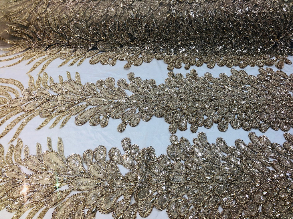 Peacock Feathers Gold Beaded Peacock Feathers Embroider On A Mesh Dress-Prom-Gown By 2 Feathers