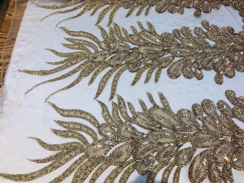 Peacock Feathers Gold Beaded Peacock Feathers Embroider On A Mesh Dress-Prom-Gown By 2 Feathers