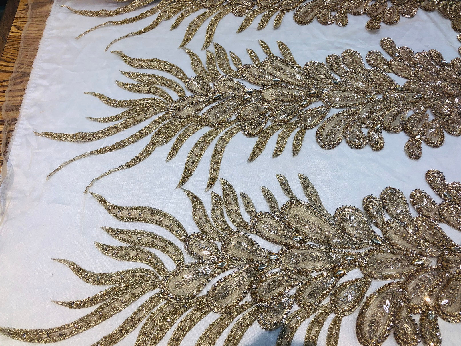 Peacock Feathers Gold Beaded Peacock Feathers Embroider On A Mesh Dress-Prom-Gown By 2 Feathers