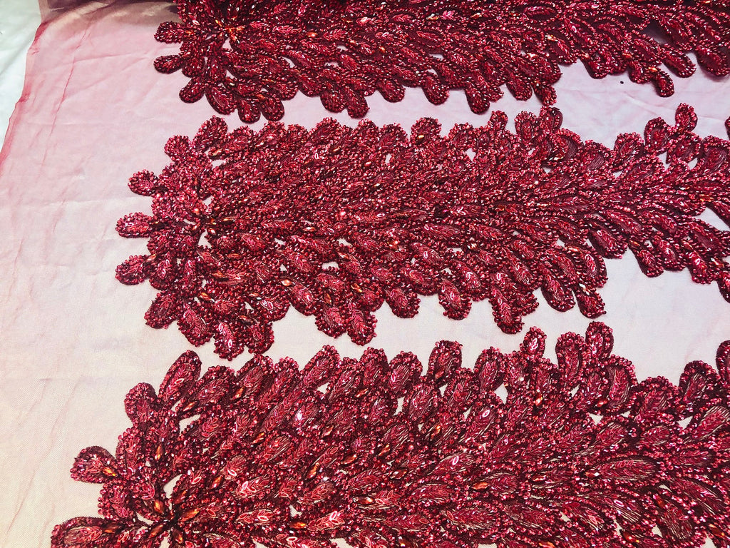 Peacock Feathers Burgundy Beaded Peacock Feathers Embroider On A Mesh Dress-Prom-Gown By 2 Feathers