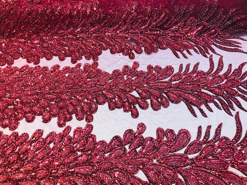 Peacock Feathers Burgundy Beaded Peacock Feathers Embroider On A Mesh Dress-Prom-Gown By 2 Feathers