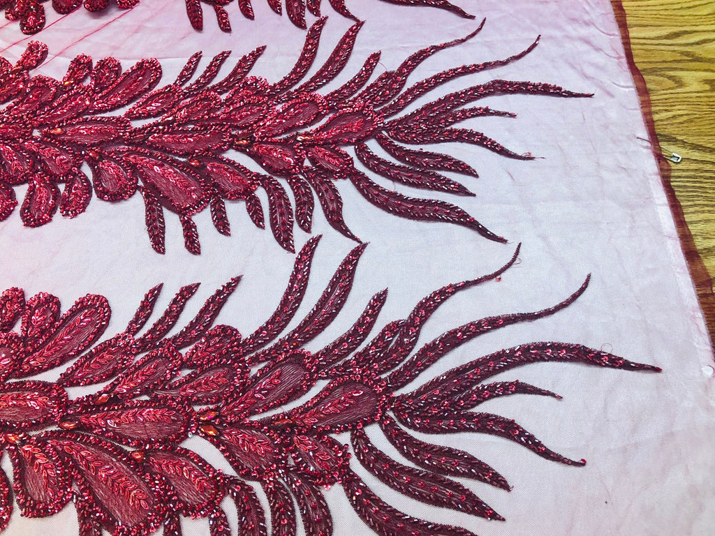 Peacock Feathers Burgundy Beaded Peacock Feathers Embroider On A Mesh Dress-Prom-Gown By 2 Feathers