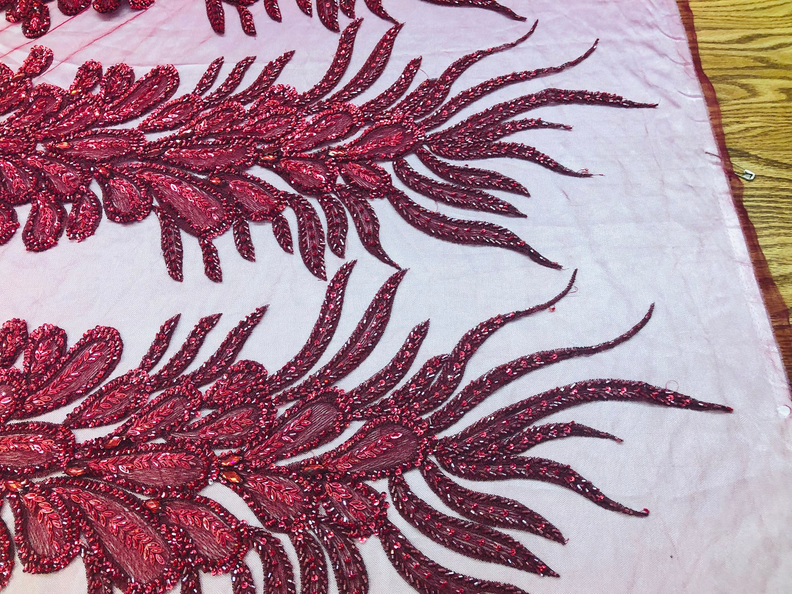 Peacock Feathers Burgundy Beaded Peacock Feathers Embroider On A Mesh Dress-Prom-Gown By 2 Feathers