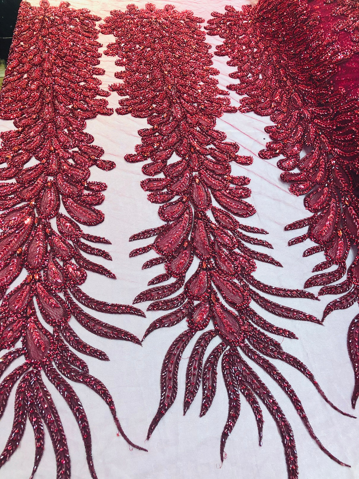 Peacock Feathers Burgundy Beaded Peacock Feathers Embroider On A Mesh Dress-Prom-Gown By 2 Feathers