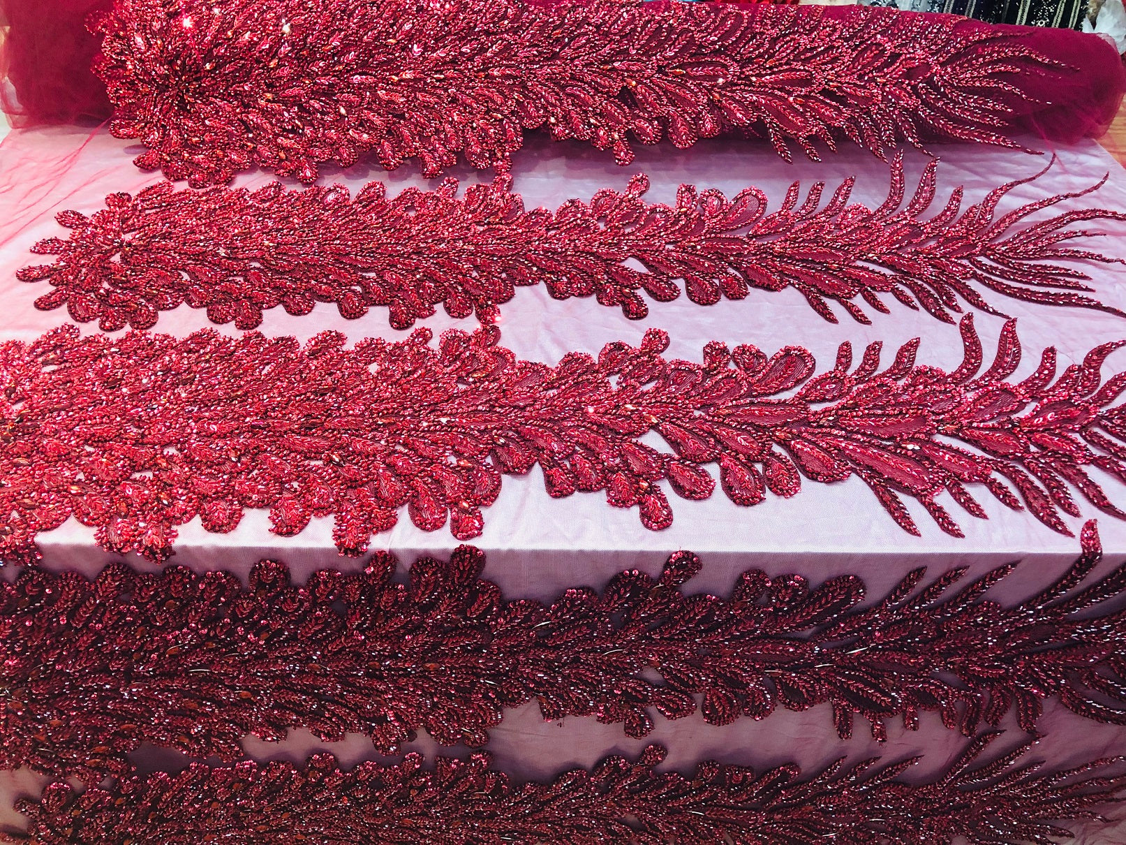 Peacock Feathers Burgundy Beaded Peacock Feathers Embroider On A Mesh Dress-Prom-Gown By 2 Feathers