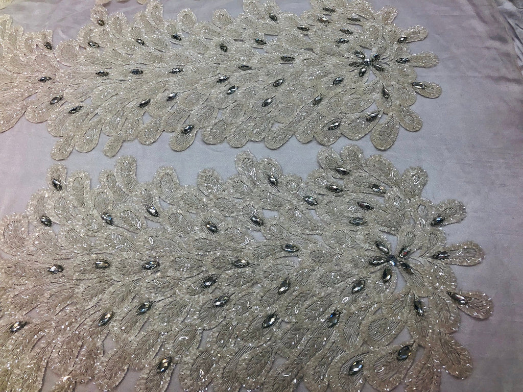 Peacock Feathers White Beaded Peacock Feathers Embroider On A Mesh Dress-Prom-Gown By 2 Feathers