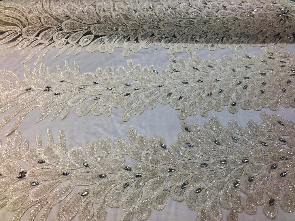 Peacock Feathers White Beaded Peacock Feathers Embroider On A Mesh Dress-Prom-Gown By 2 Feathers