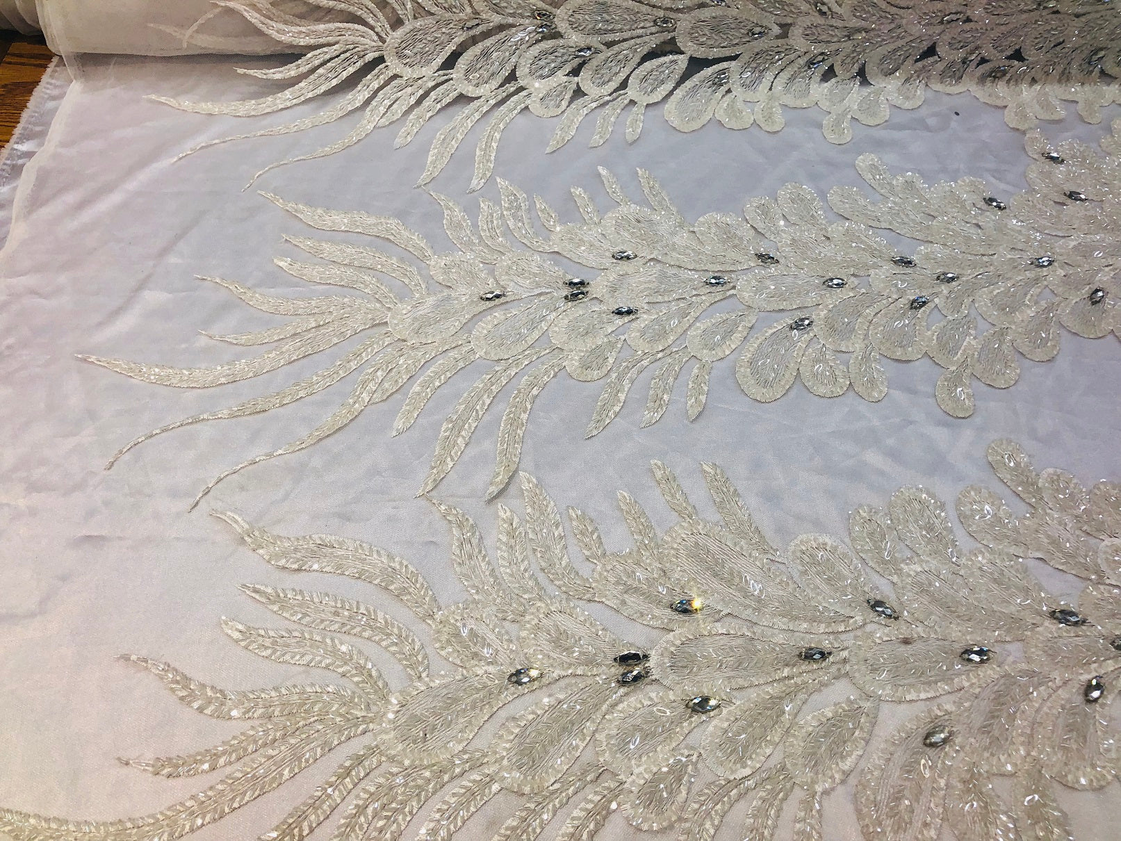 Peacock Feathers White Beaded Peacock Feathers Embroider On A Mesh Dress-Prom-Gown By 2 Feathers