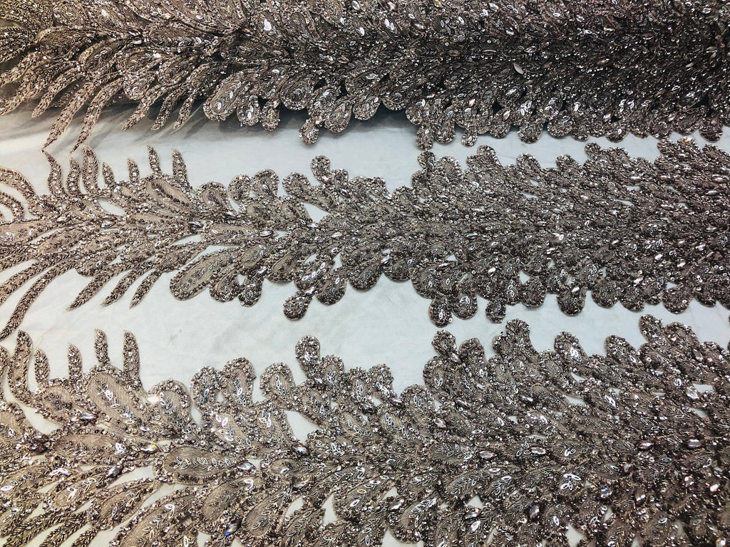 Peacock Feathers Rose Gold Beaded Peacock Feathers Embroider On A Mesh Dress-Prom-Gown By 2 Feather