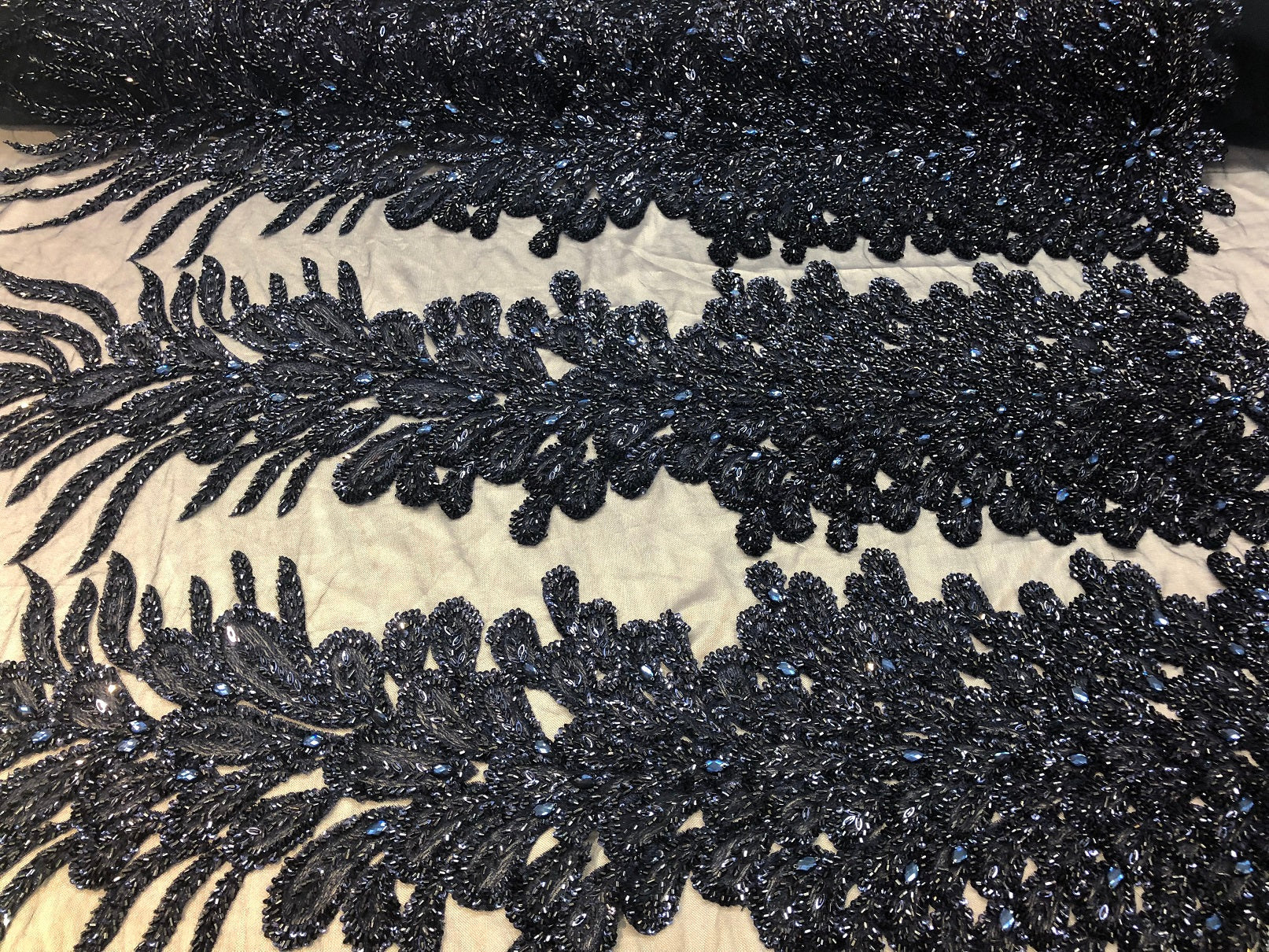 Peacock Feathers Navy Beaded Peacock Feathers Embroider On A Mesh Dress-Prom-Gown By 2 Feathers
