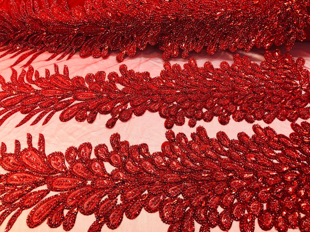 Peacock Feathers Red Beaded Peacock Feathers Embroider On A Mesh Dress-Prom-Gown By 2 Feathers