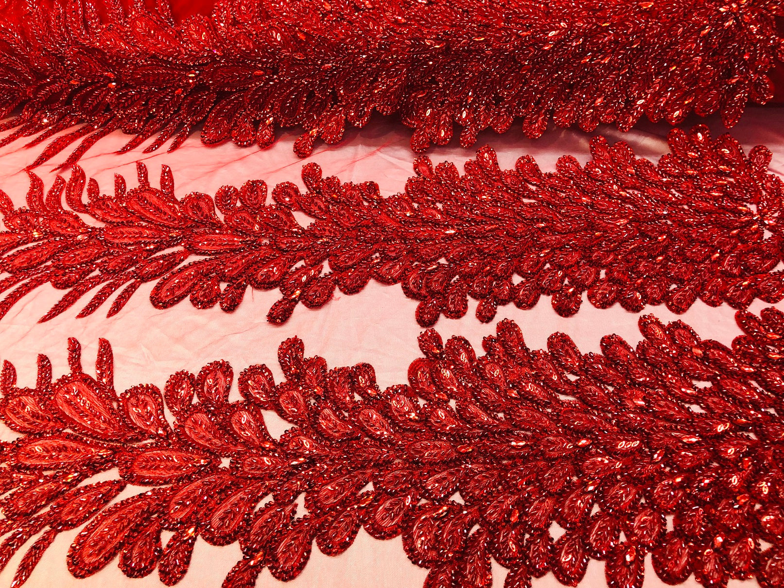 Peacock Feathers Red Beaded Peacock Feathers Embroider On A Mesh Dress-Prom-Gown By 2 Feathers