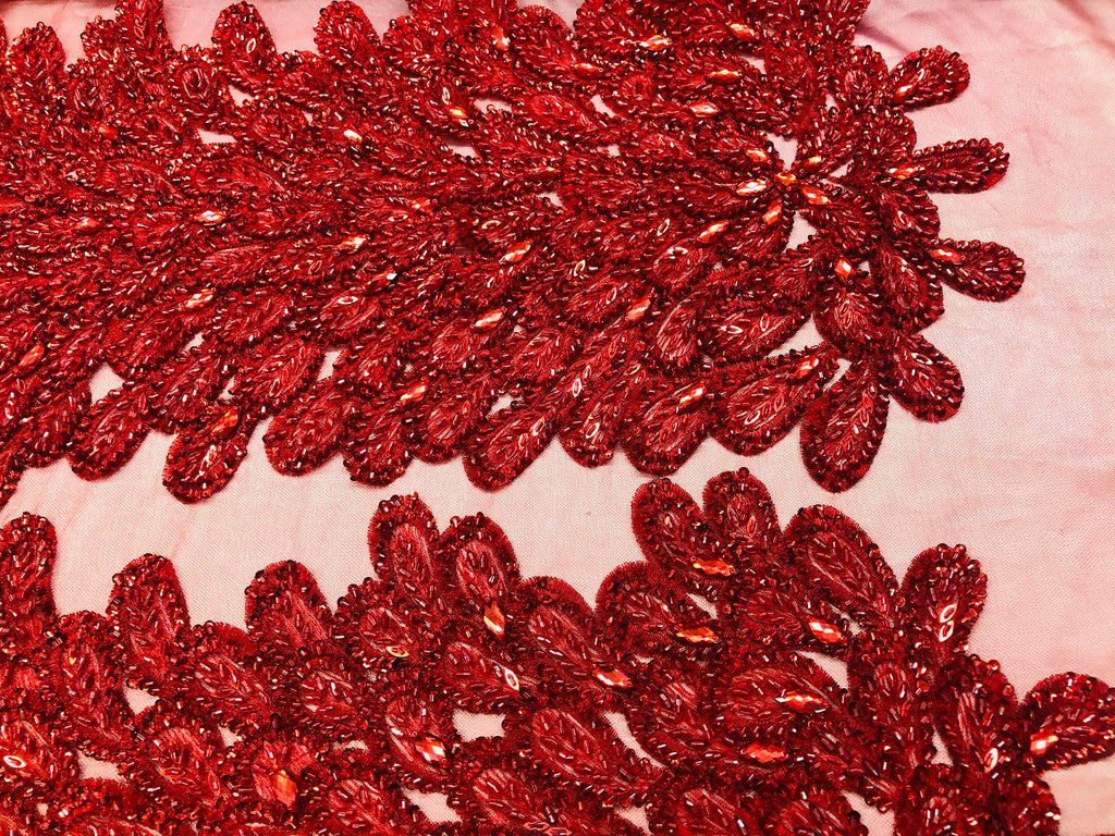 Peacock Feathers Red Beaded Peacock Feathers Embroider On A Mesh Dress-Prom-Gown By 2 Feathers