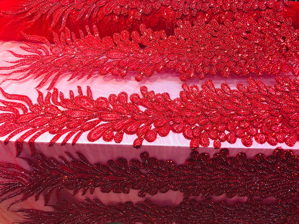 Peacock Feathers Red Beaded Peacock Feathers Embroider On A Mesh Dress-Prom-Gown By 2 Feathers