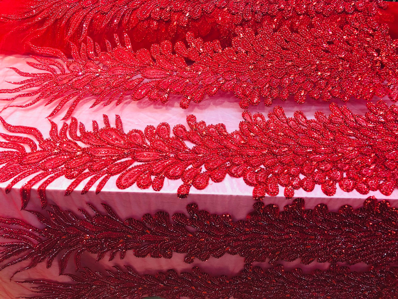 Peacock Feathers Red Beaded Peacock Feathers Embroider On A Mesh Dress-Prom-Gown By 2 Feathers