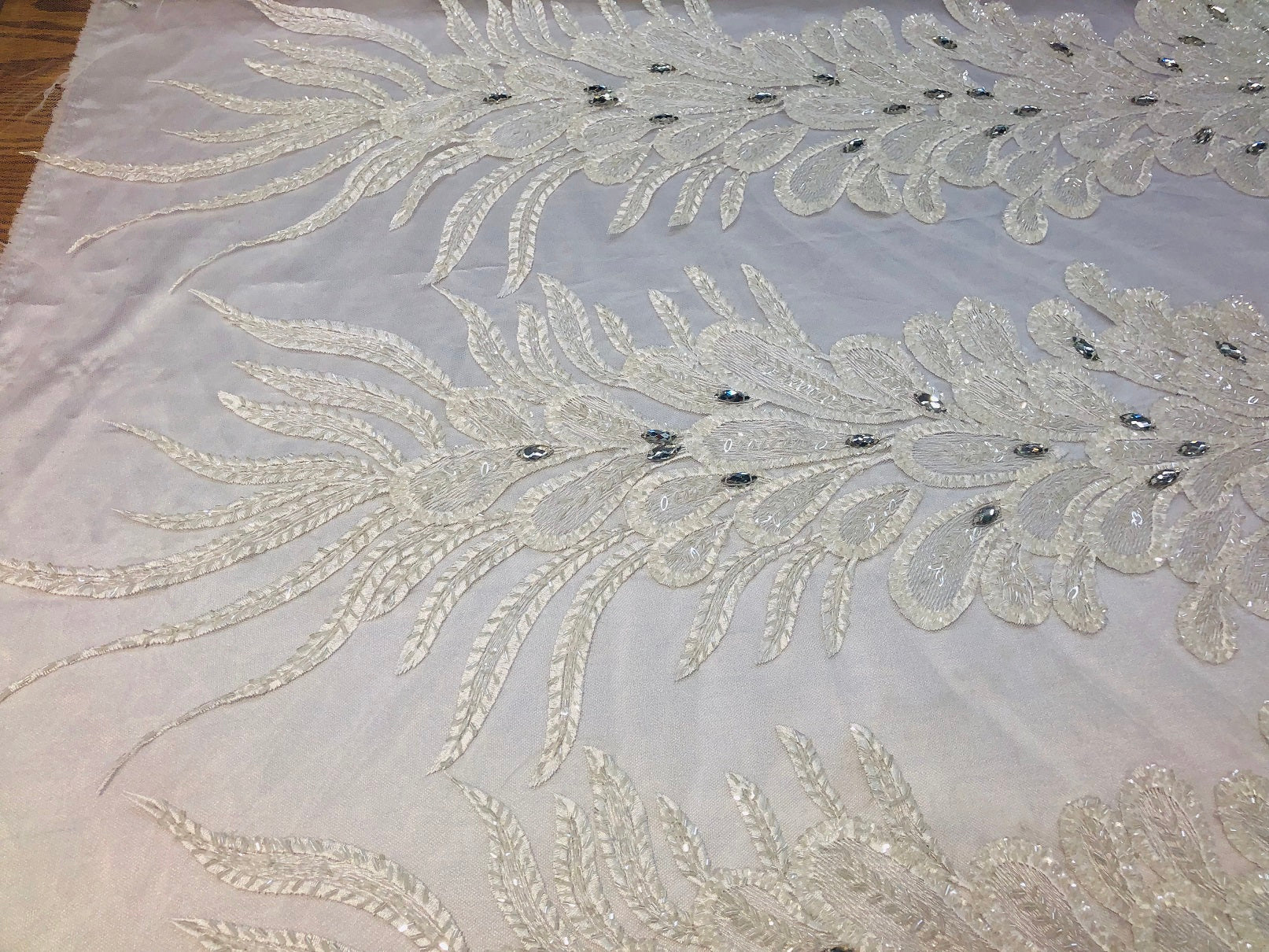 Peacock Feathers OFF WHITE Beaded Peacock Feather Embroider On A Mesh Dress-Prom-Gown By 2 Feathers