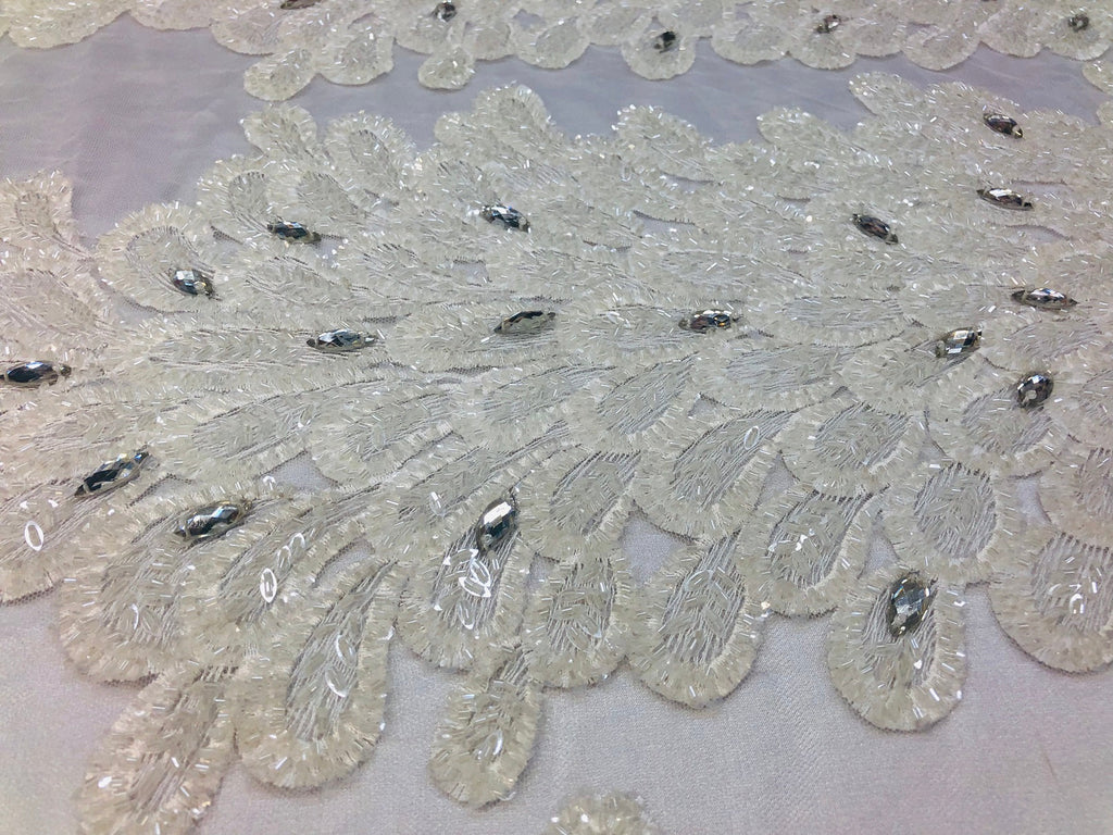 Peacock Feathers OFF WHITE Beaded Peacock Feather Embroider On A Mesh Dress-Prom-Gown By 2 Feathers