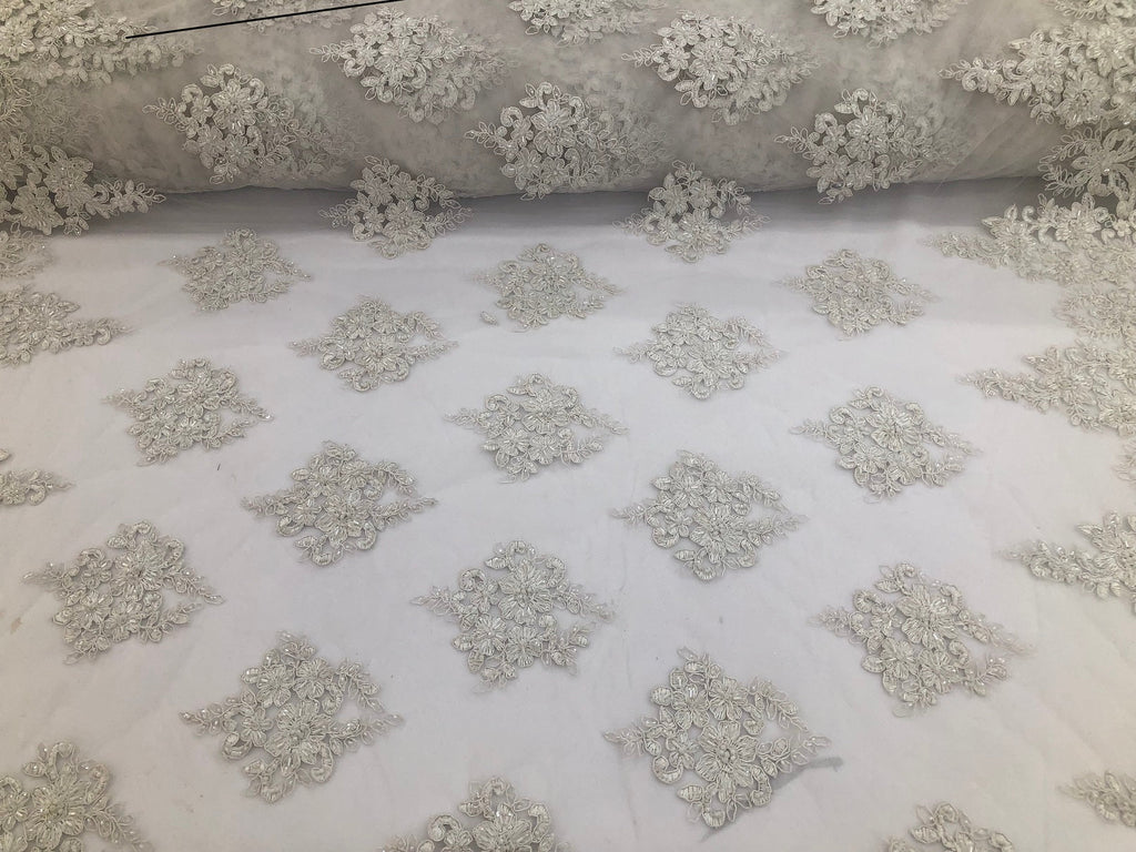 Beaded Fabric By The Yard Of White Embroidered Pattern Beaded On A Mesh For Bridal Veil  Wedding