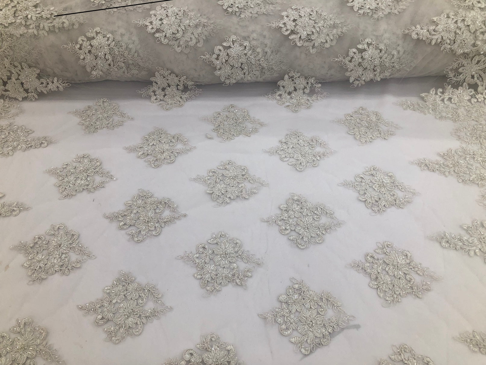 Beaded Fabric By The Yard Of White Embroidered Pattern Beaded On A Mesh For Bridal Veil  Wedding