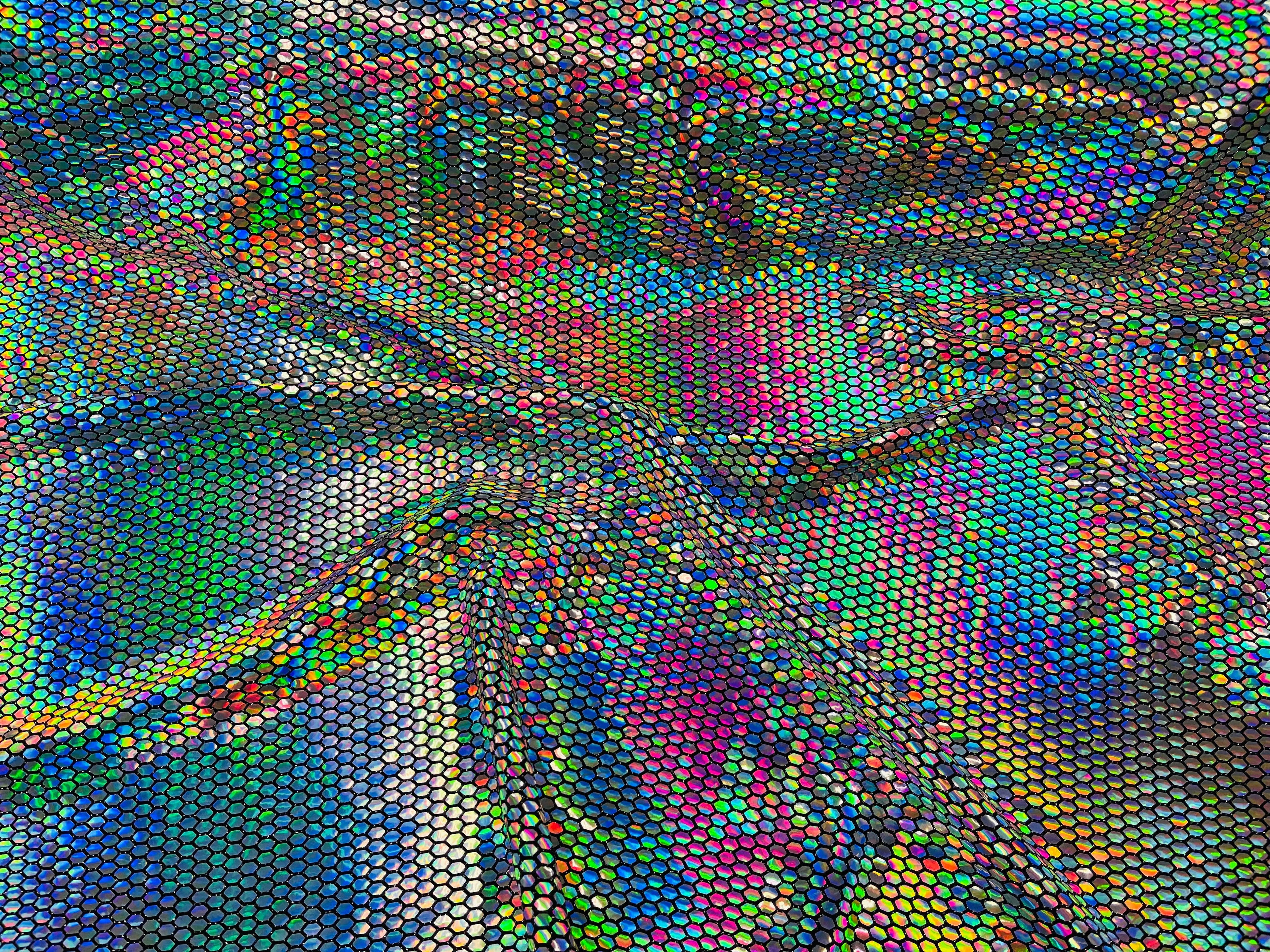 Honeycomb Foil Fabric - Iridescent Silver - Hexagon Print On Black Spandex Fabric