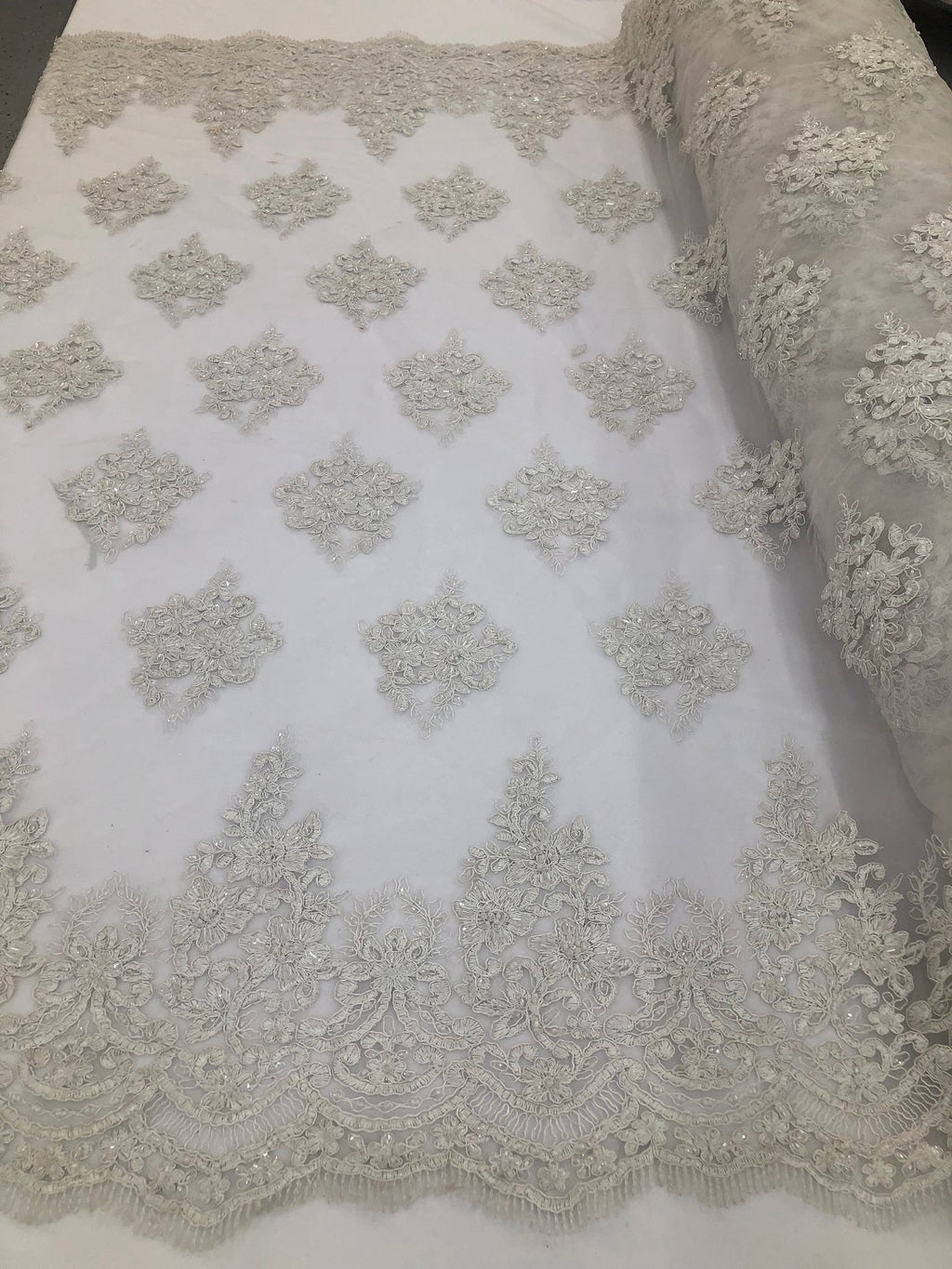 Beaded Fabric By The Yard Of White Embroidered Pattern Beaded On A Mesh For Bridal Veil  Wedding