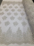 Beaded Fabric By The Yard Of White Embroidered Pattern Beaded On A Mesh For Bridal Veil  Wedding
