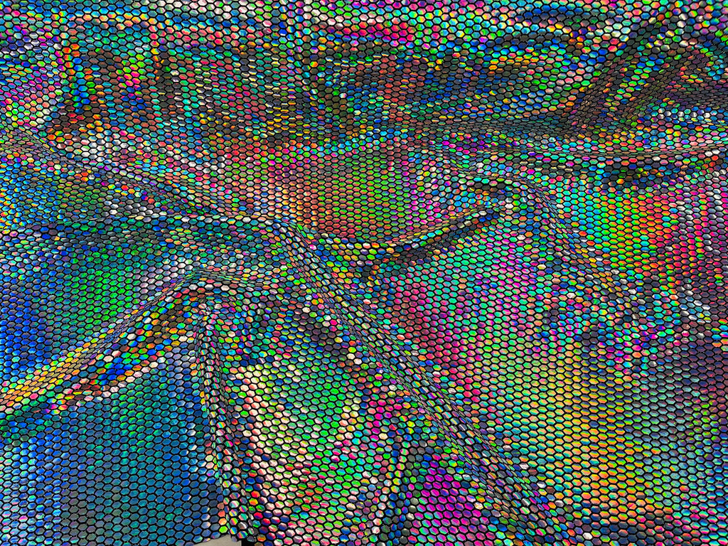 Honeycomb Foil Fabric - Iridescent Silver - Hexagon Print On Black Spandex Fabric