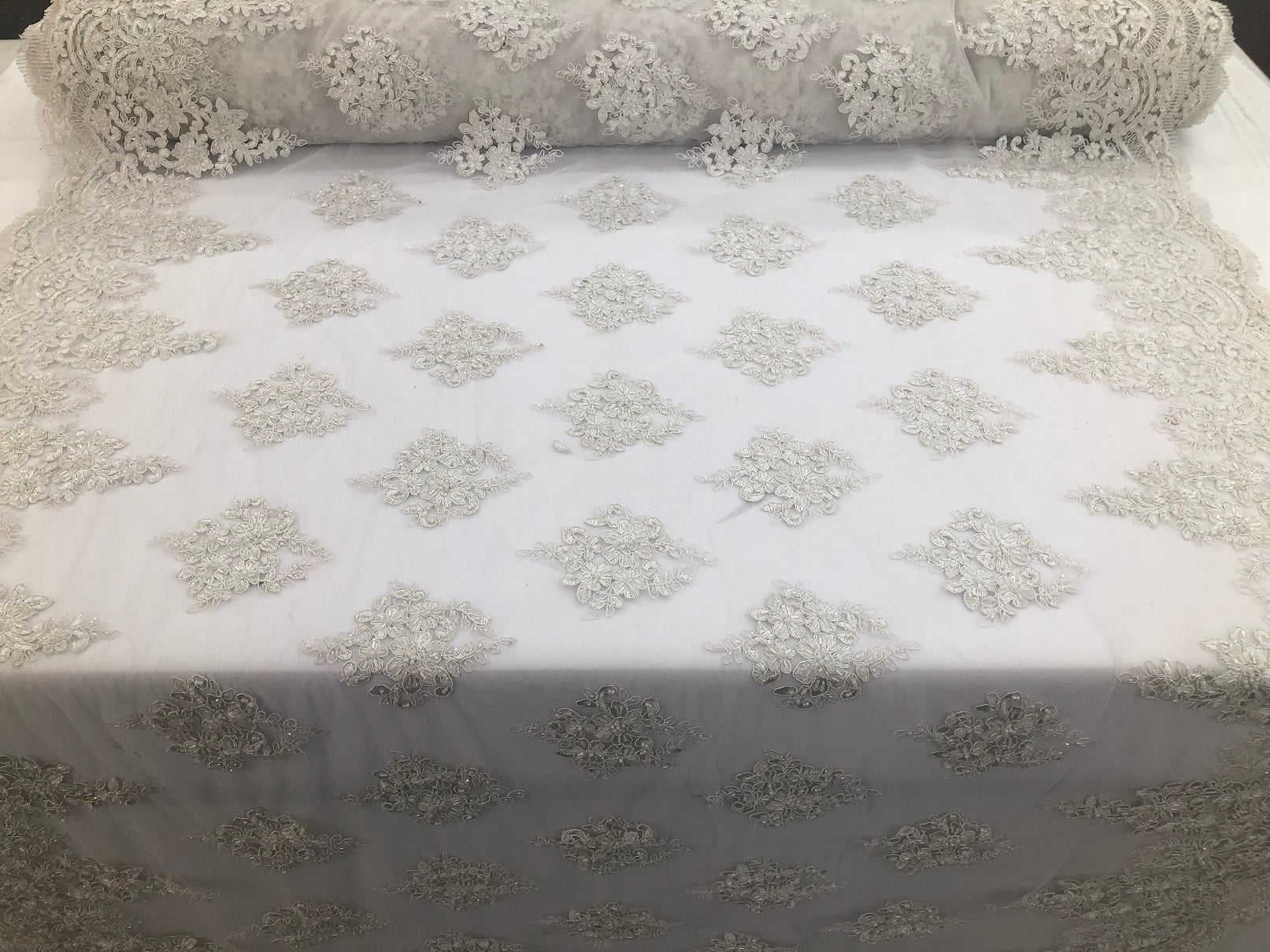 Beaded Fabric By The Yard Of White Embroidered Pattern Beaded On A Mesh For Bridal Veil  Wedding