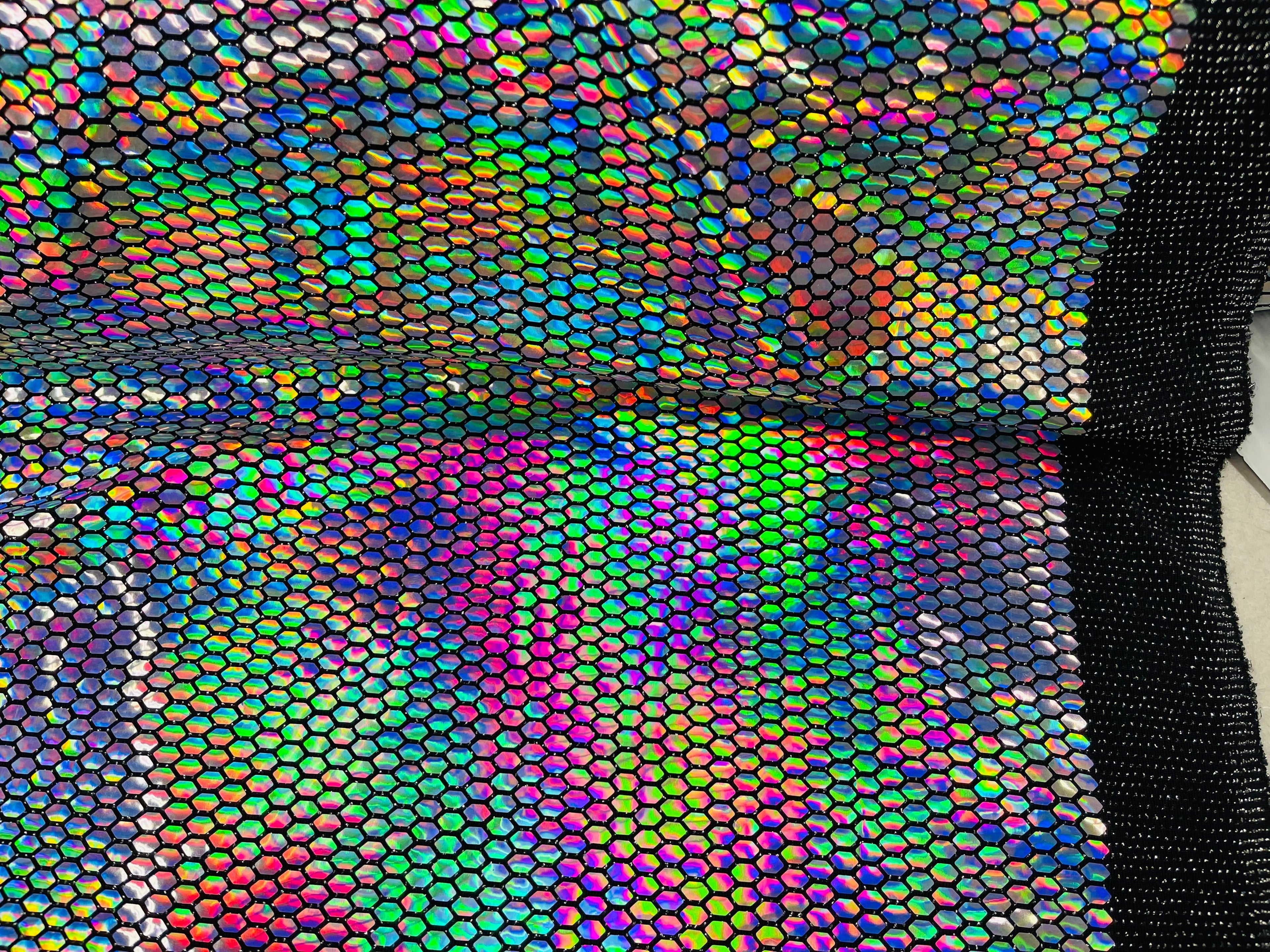 Honeycomb Foil Fabric - Iridescent Silver - Hexagon Print On Black Spandex Fabric