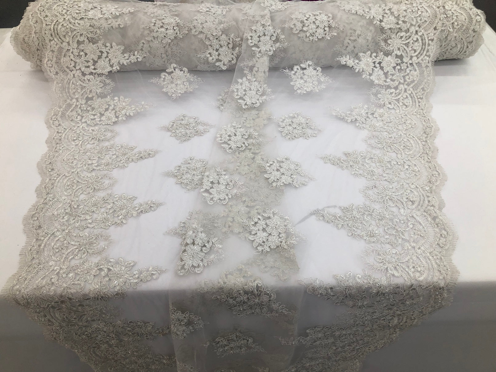Beaded Fabric By The Yard Of White Embroidered Pattern Beaded On A Mesh For Bridal Veil  Wedding