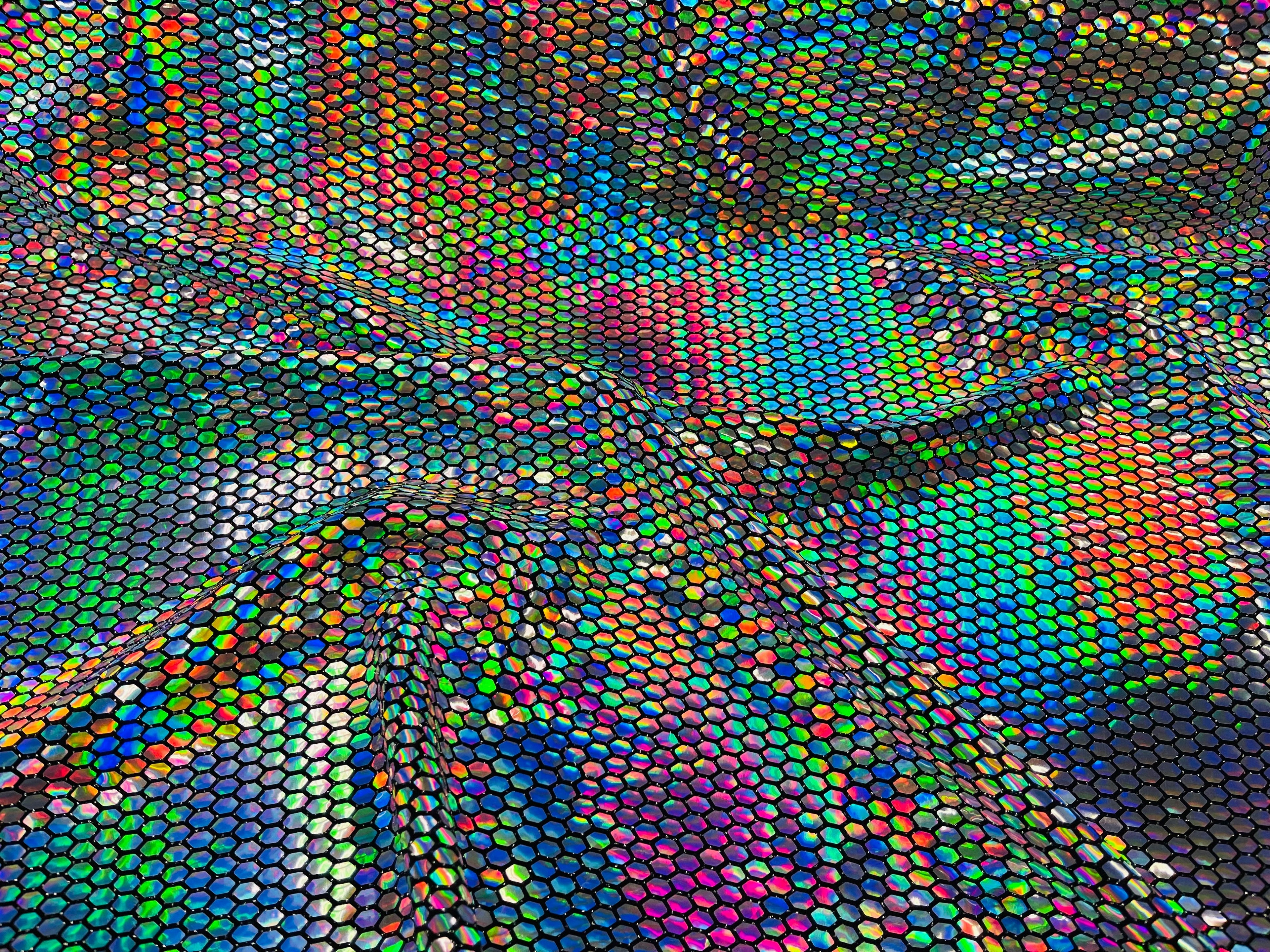 Honeycomb Foil Fabric - Iridescent Silver - Hexagon Print On Black Spandex Fabric