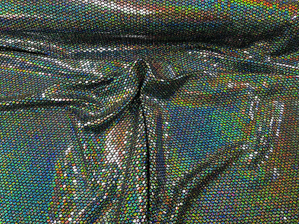 Honeycomb Foil Fabric - Iridescent Silver - Hexagon Print On Black Spandex Fabric