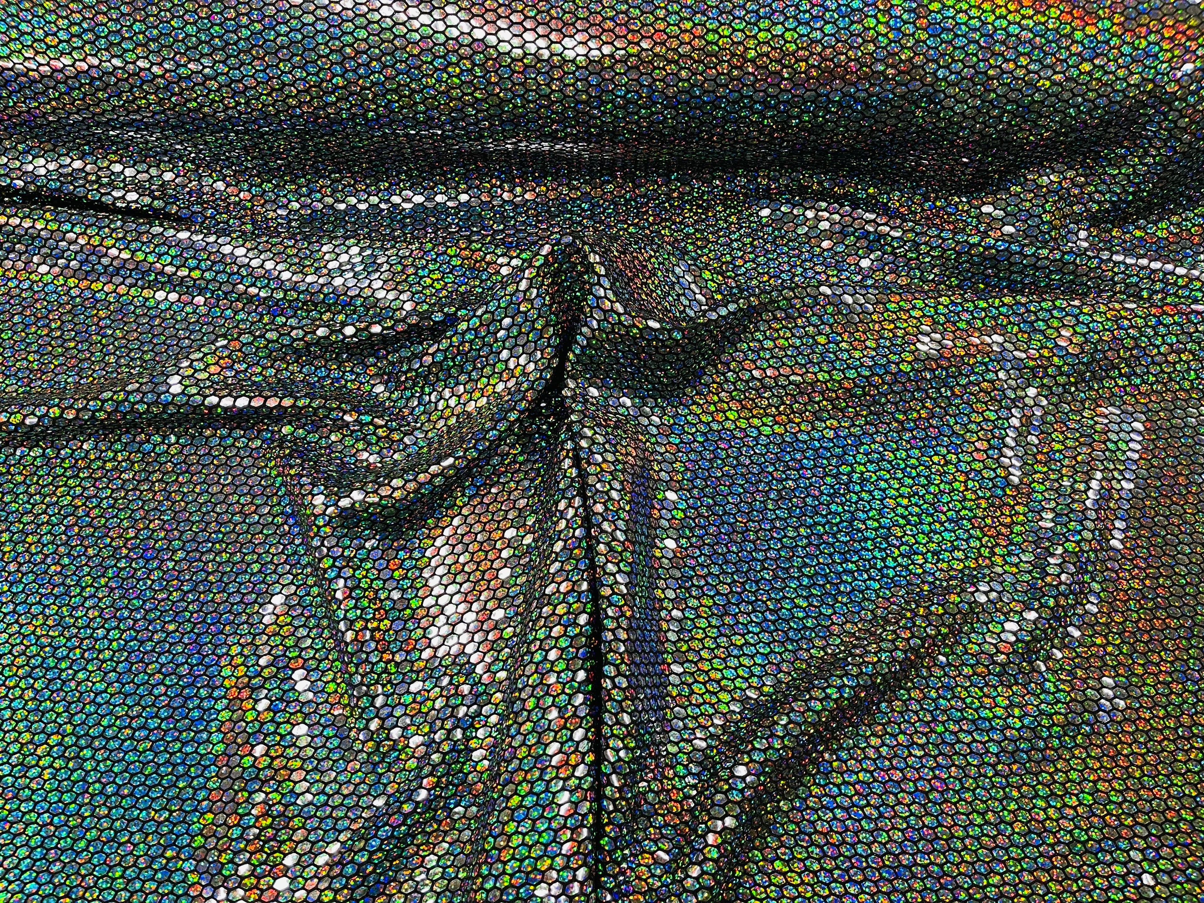 Honeycomb Foil Fabric - Iridescent Silver - Hexagon Print On Black Spandex Fabric