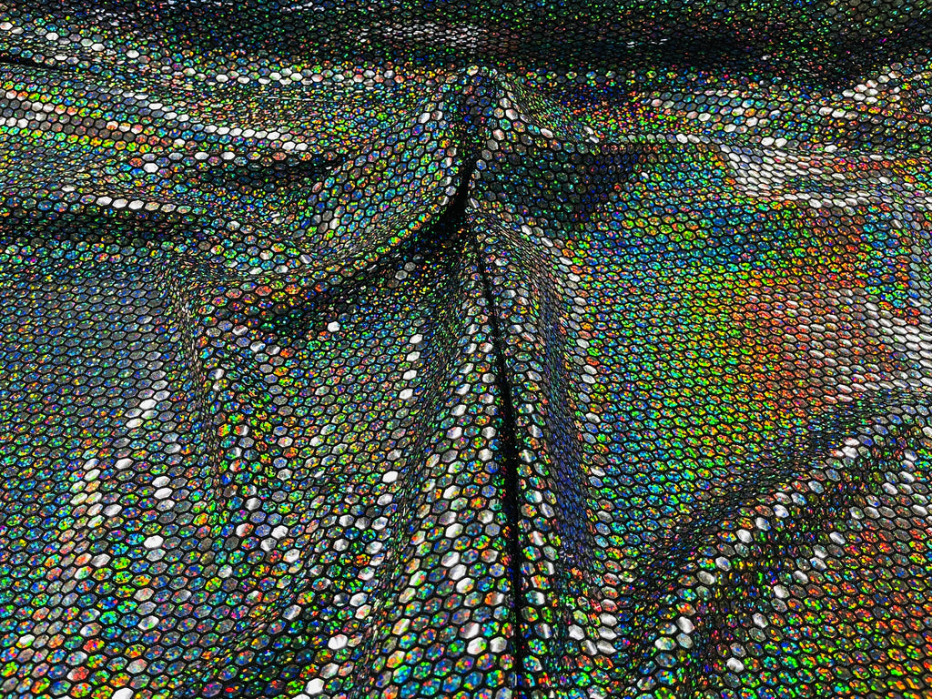 Honeycomb Foil Fabric - Iridescent Silver - Hexagon Print On Black Spandex Fabric