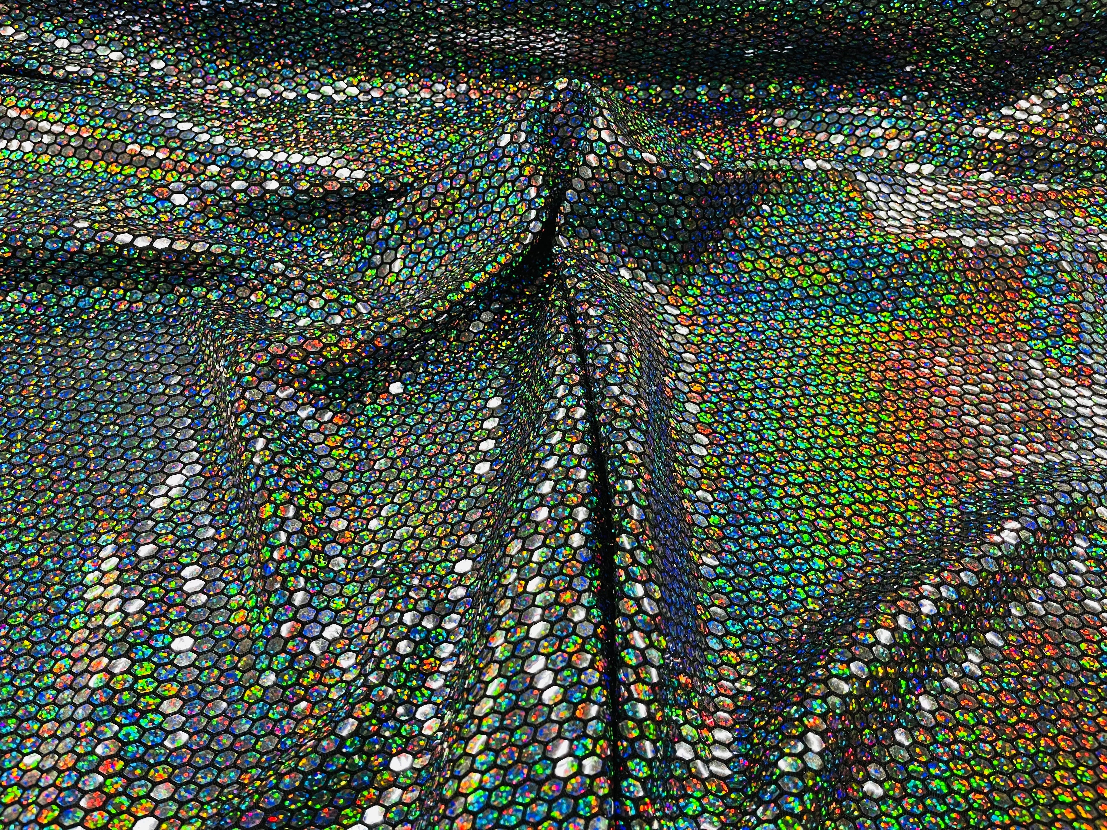 Honeycomb Foil Fabric - Iridescent Silver - Hexagon Print On Black Spandex Fabric