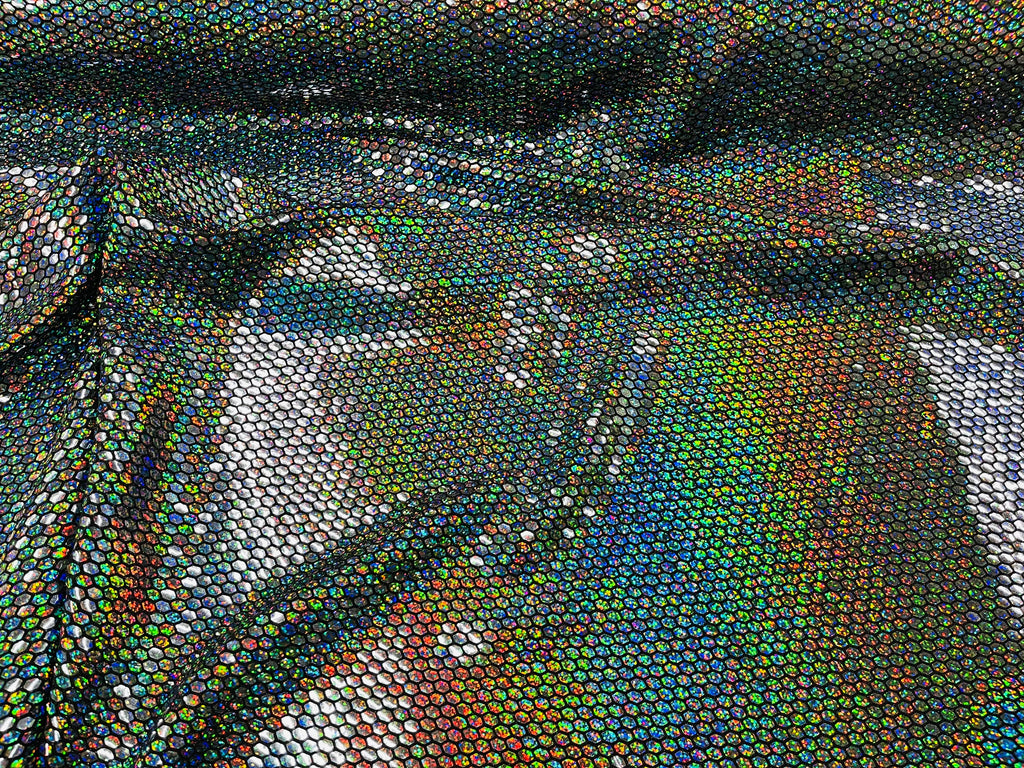 Honeycomb Foil Fabric - Iridescent Silver - Hexagon Print On Black Spandex Fabric