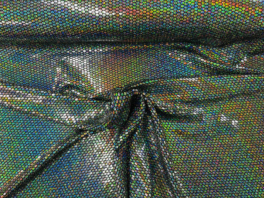 Honeycomb Foil Fabric - Iridescent Silver - Hexagon Print On Black Spandex Fabric