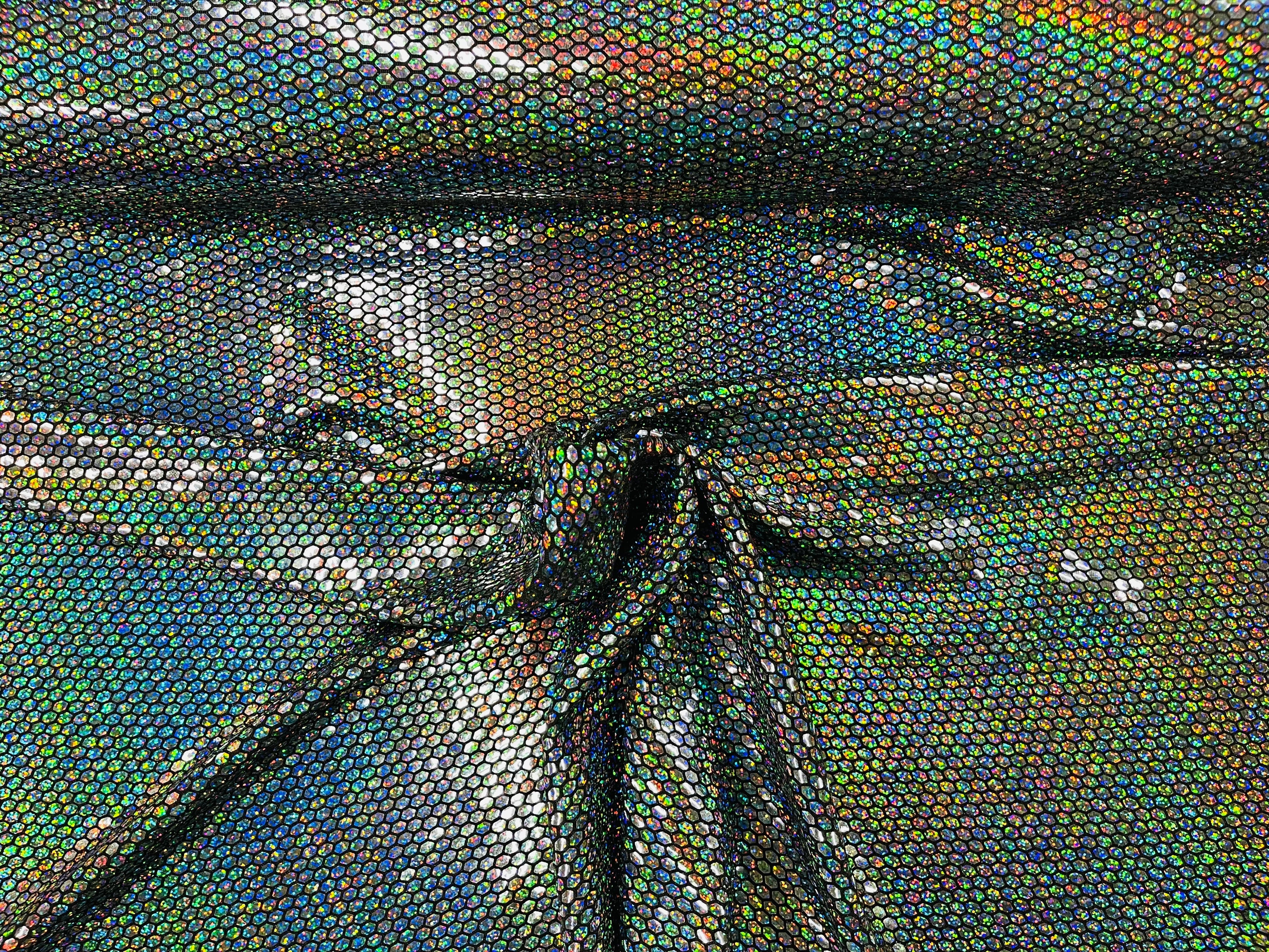 Honeycomb Foil Fabric - Iridescent Silver - Hexagon Print On Black Spandex Fabric