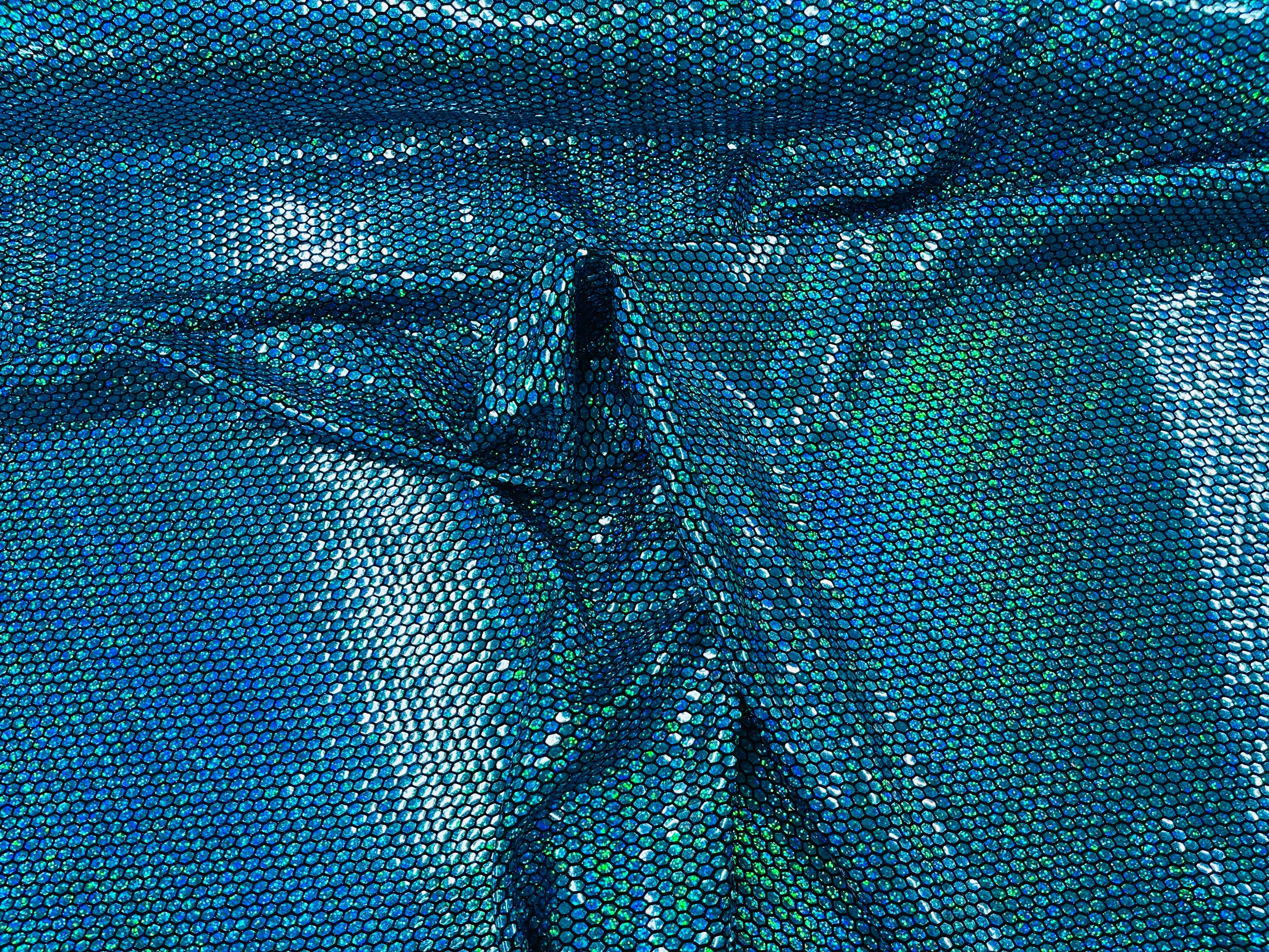 Honeycomb Foil Fabric - Iridescent Turquoise - Hexagon Print On Black Spandex Fabric