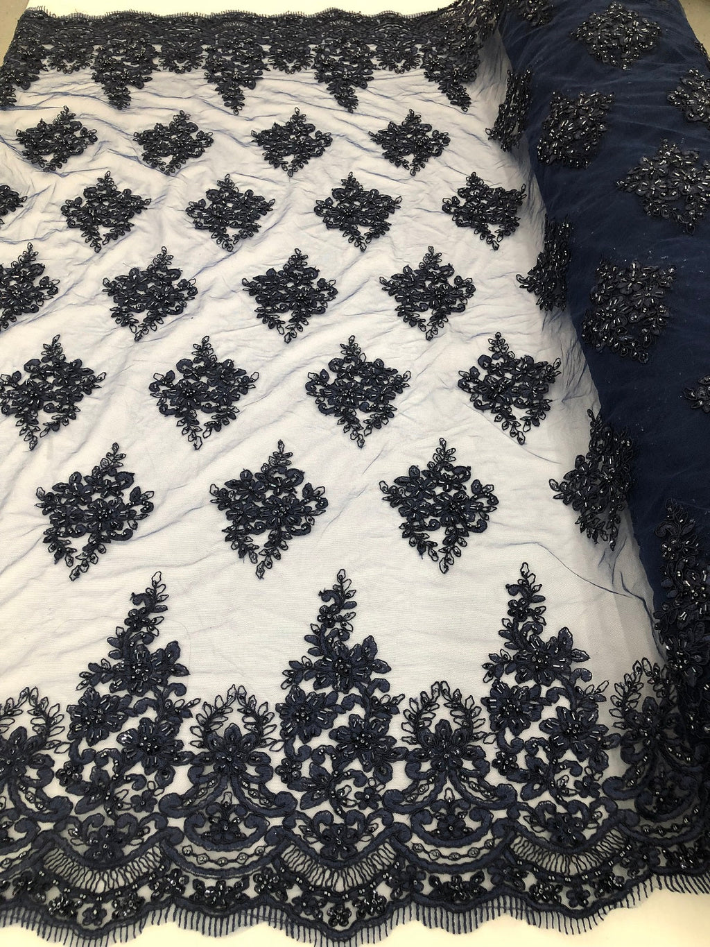 Beaded Fabric By The Yard Navy Embroidered Pattern Beaded On A Mesh For Bridal Veil Flower Wedding