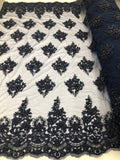 Beaded Fabric By The Yard Navy Embroidered Pattern Beaded On A Mesh For Bridal Veil Flower Wedding