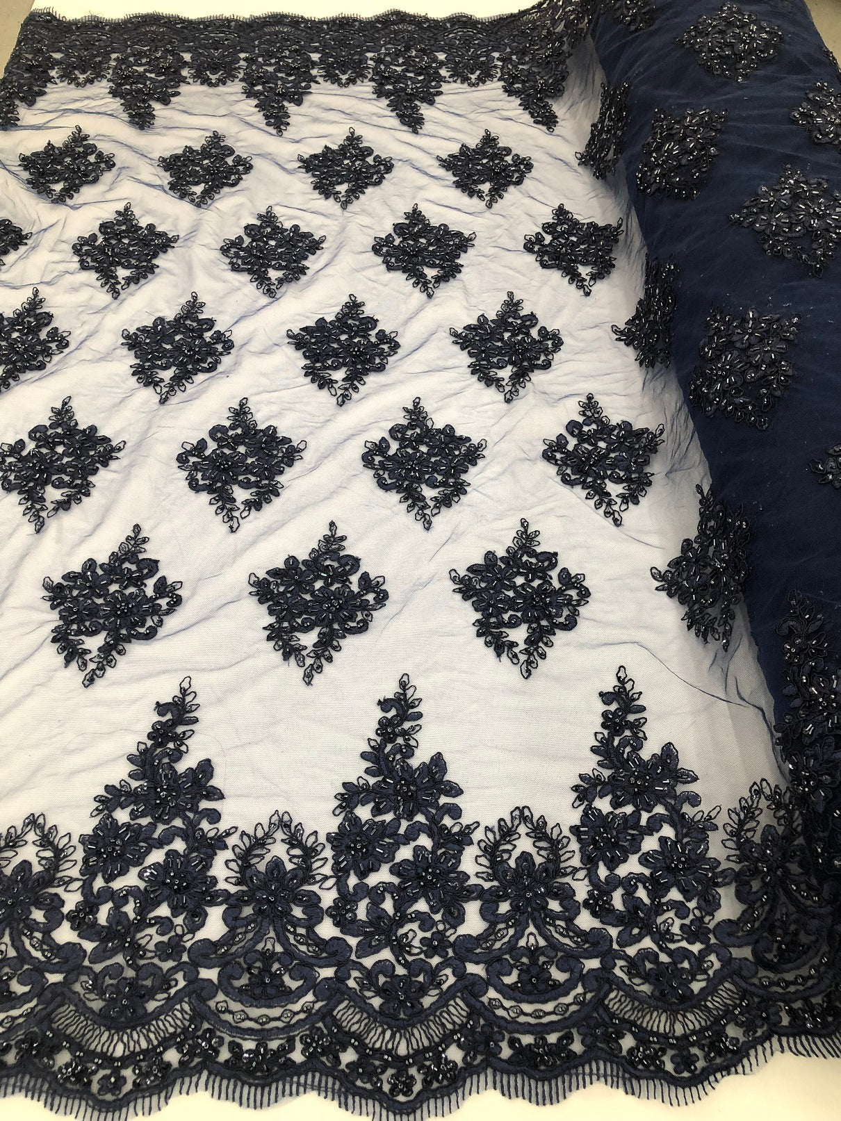 Beaded Fabric By The Yard Navy Embroidered Pattern Beaded On A Mesh For Bridal Veil Flower Wedding