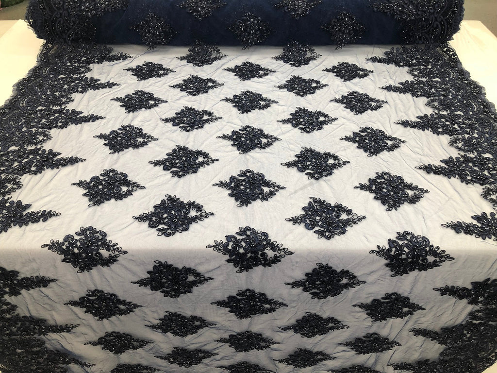 Beaded Fabric By The Yard Navy Embroidered Pattern Beaded On A Mesh For Bridal Veil Flower Wedding