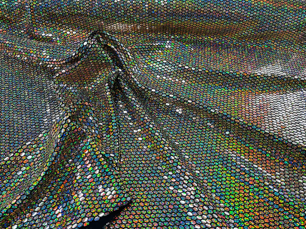 Honeycomb Foil Fabric - Holographic Silver - Hexagon Print On Black Spandex Fabric