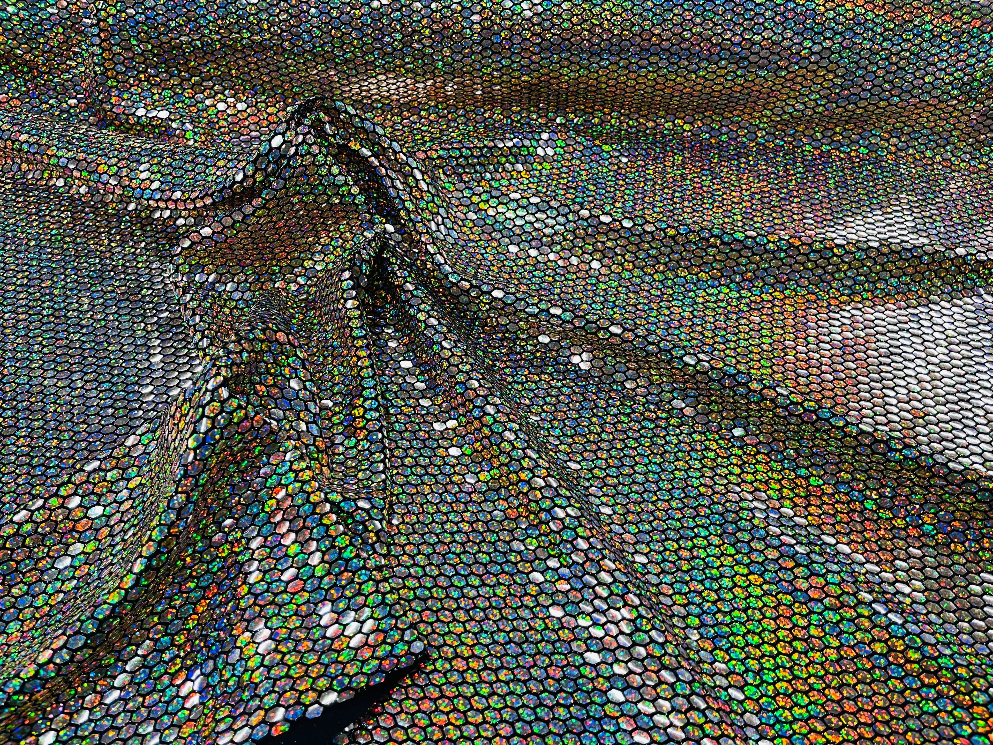 Honeycomb Foil Fabric - Holographic Silver - Hexagon Print On Black Spandex Fabric